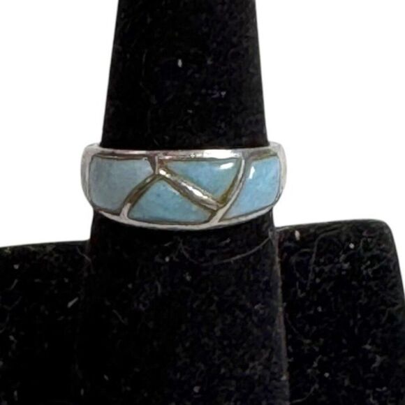 Vintage Larimar ZigZag Sterling Silver 925 Blue Stone Inlay Ring Size 7 Artisan - Picture 1 of 6